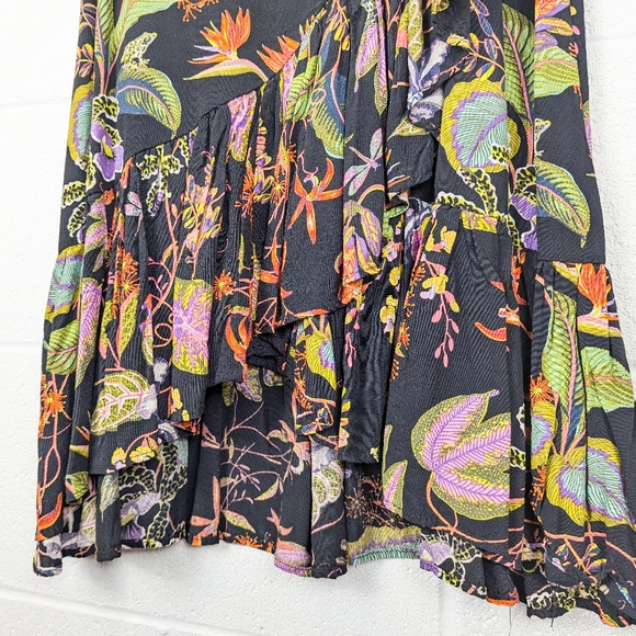NWOT H&M Tropical Print Midi Skirt Black Hi-Lo Ruffle Viscose Small/Medium Color - Picture 4 of 13